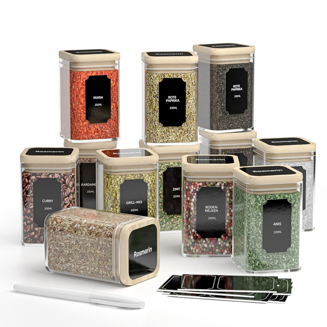 FINEW Gewürzgläser Set Eckig - 12 x 200ml, Hochwertig Gewürzdosen aus Glas Glasbehälter mit Bambusde