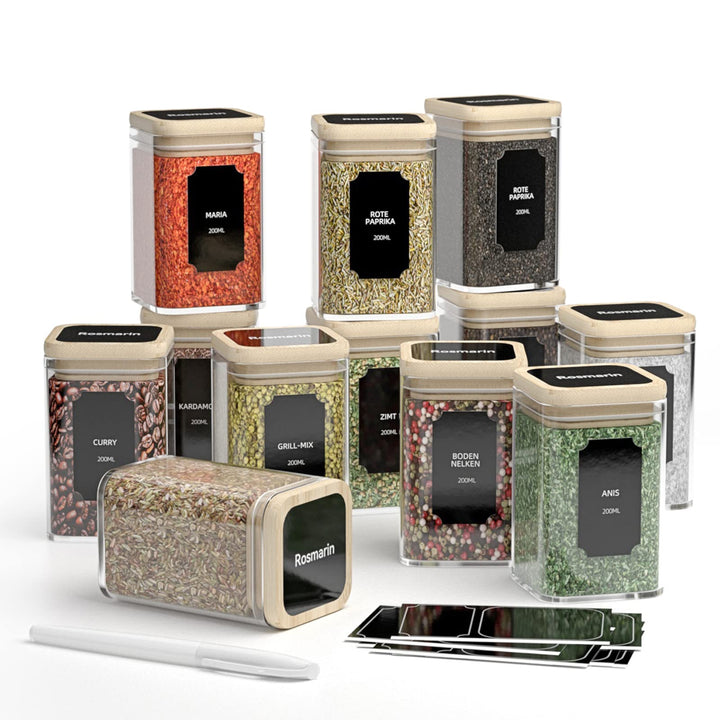 FINEW Gewürzgläser Set Eckig - 12 x 200ml, Hochwertig Gewürzdosen aus Glas Glasbehälter mit Bambusde