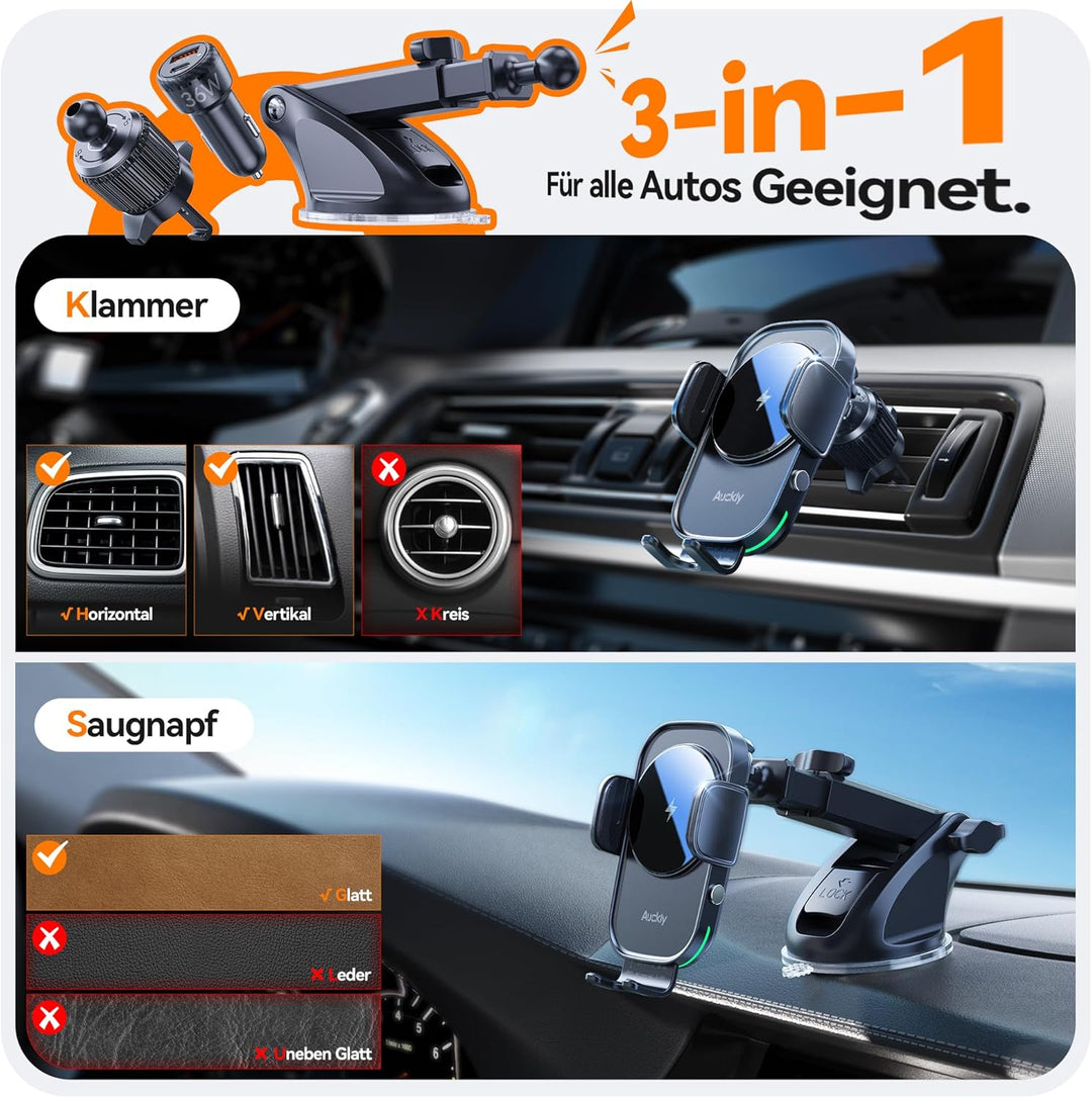 Auckly Handyhalterung Auto mit Ladefunktion, 【60W PD+QC+Sauger+Clip】 Qi 15W Fast Wireless Charger Au