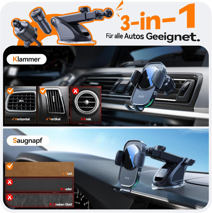 Auckly Handyhalterung Auto mit Ladefunktion, 【60W PD+QC+Sauger+Clip】 Qi 15W Fast Wireless Charger Au