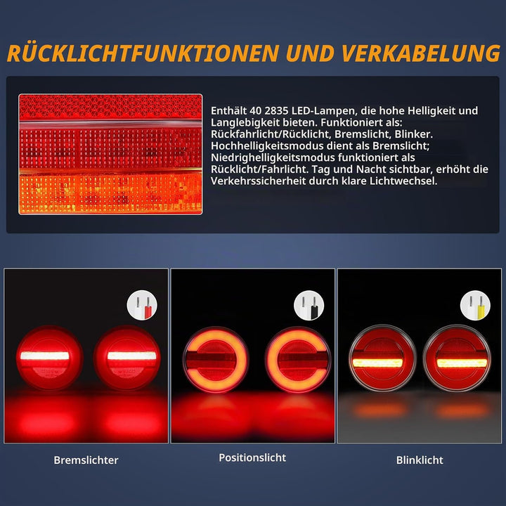Yuanjoy 2 x Wasserdicht Rund Rückleuchten Anhänger LED 12V 24V, E-Prüfzeichen links und rechts Hambu