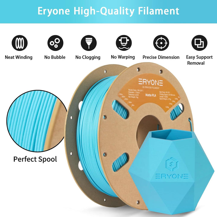 ERYONE Matte PLA 3D Drucker Filament 1.75mm, Massgenauigkeit +/- 0.03 mm, 1 kg 1 Spule, Matte Aqua B