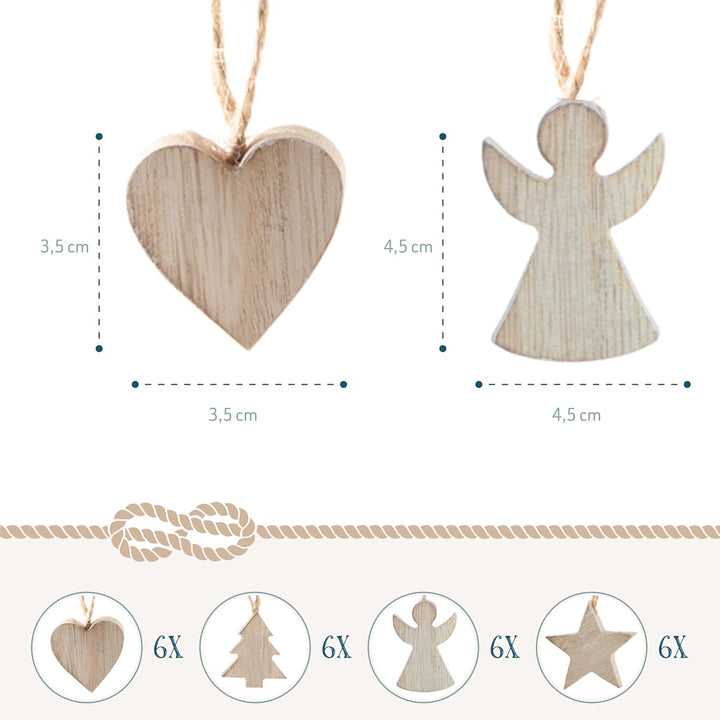 Holzanhänger Weihnachten, 24er Set: Weihnachtsanhänger Holz Stern, Tannenbaum, Engel & Herz, Anhänge