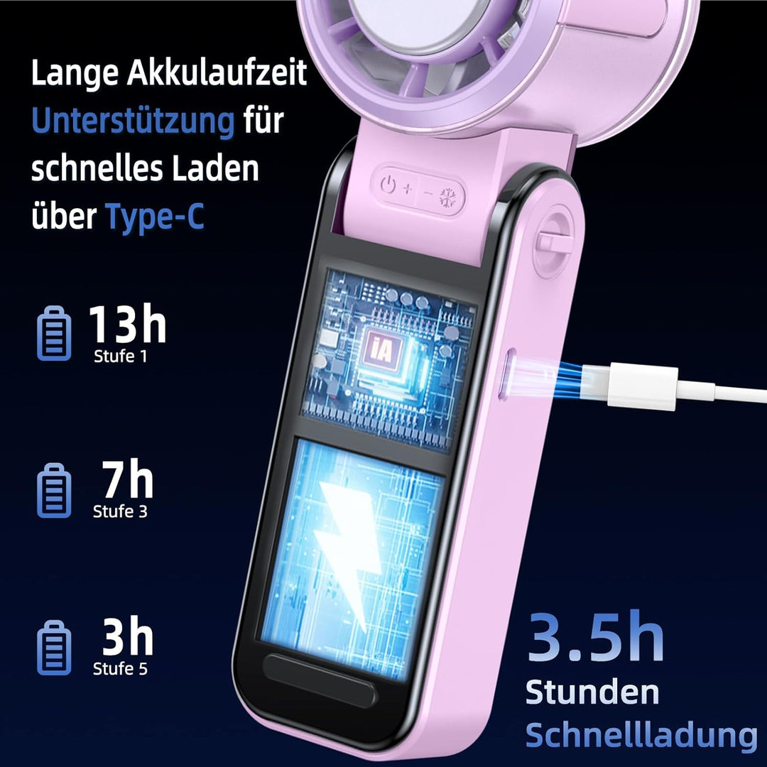 Handventilator Akku Aufladbar, Tragbarer Klein Turbo-Ventilator mit 100 Stufen Wind, 3-in-1 Mini Ven