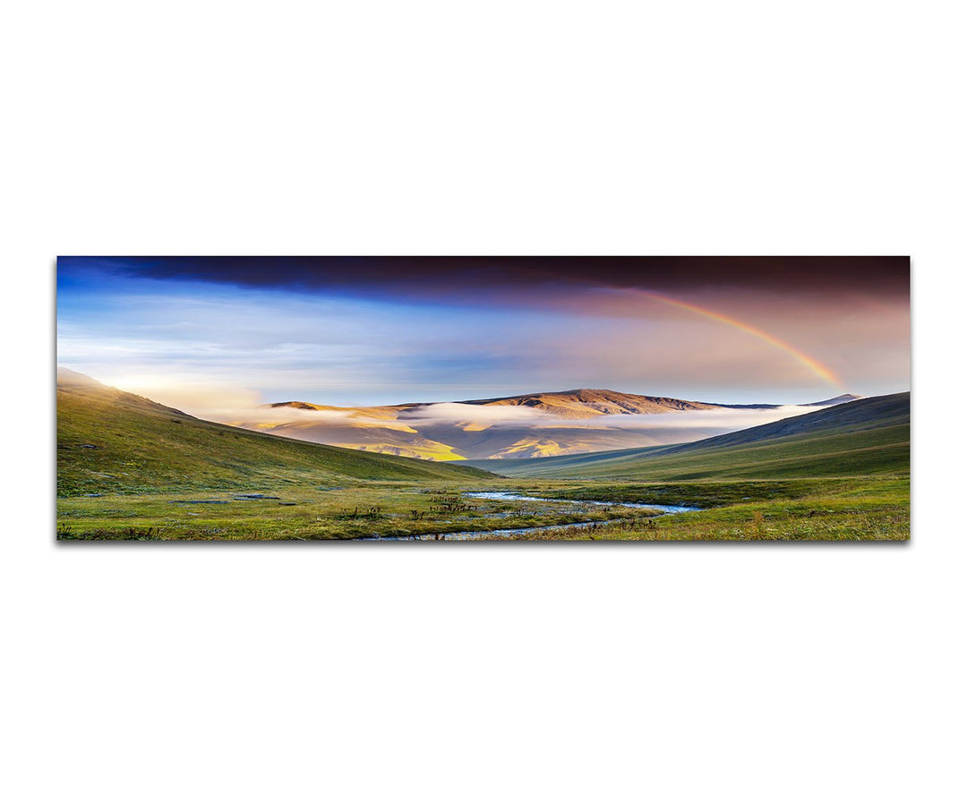 Paul Sinus Art Panoramabild auf Leinwand und Keilrahmen 150x50cm Georgien Berge Wiesen Fluss Wolkens