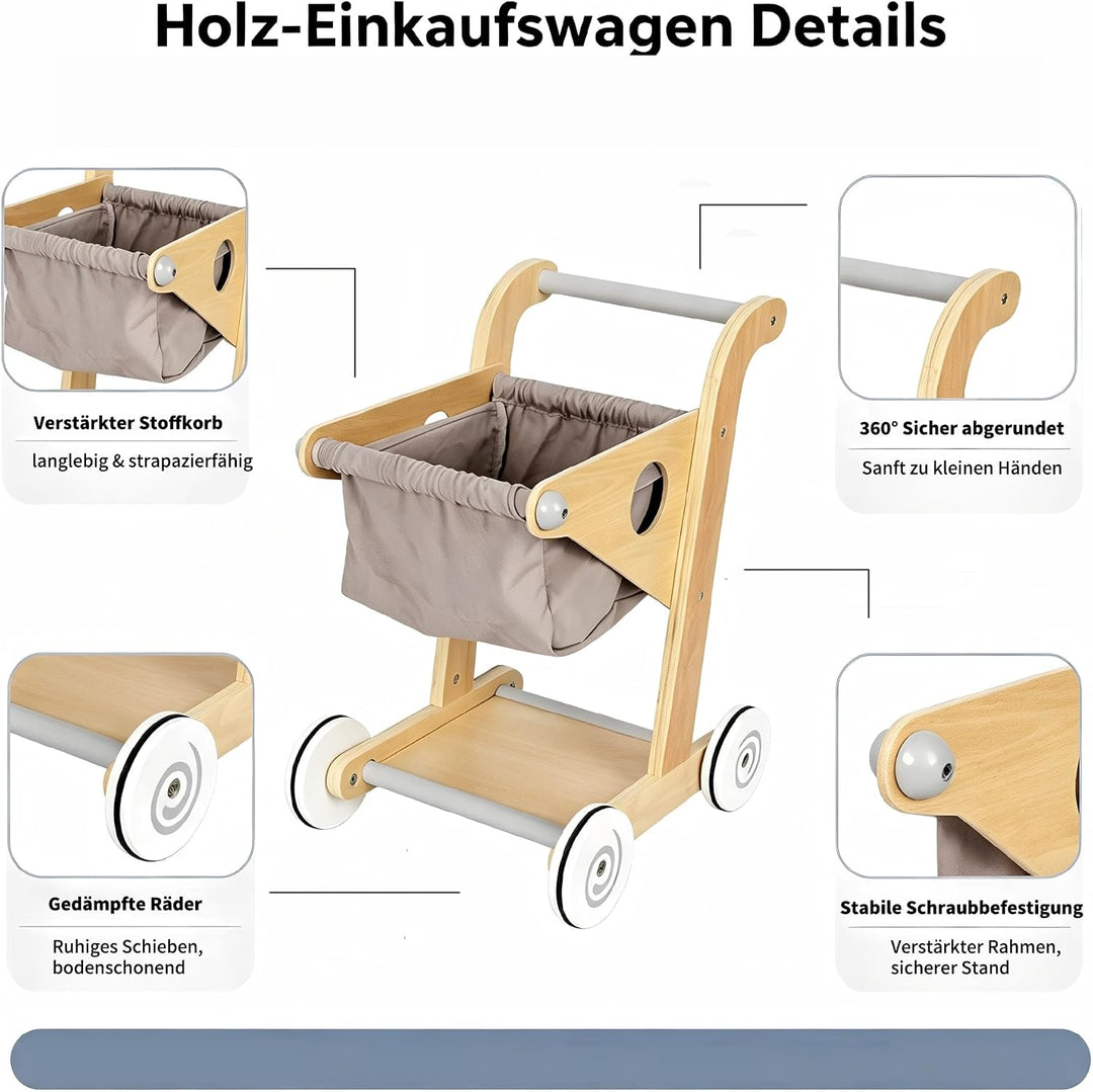 Holz Kinder Einkaufswagen Spielzeug, Mini Einkaufswagen für Kinder mit Stoffkorb, Stabiler Laufwagen