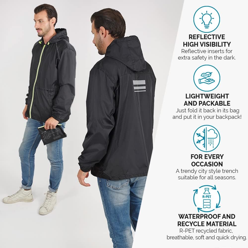 PERLETTI Regenjacke Herren Schwarz Gelb für Hohe Sichtbarkeit - Reflektierende Regenponcho Windbreak