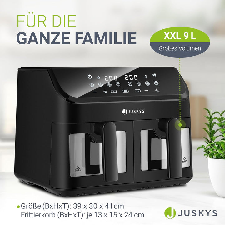 Juskys Heissluftfritteuse 9 L Doppelkammer - XXL Fritteuse mit 2 Körben, 9 Programme, Smart Finish,