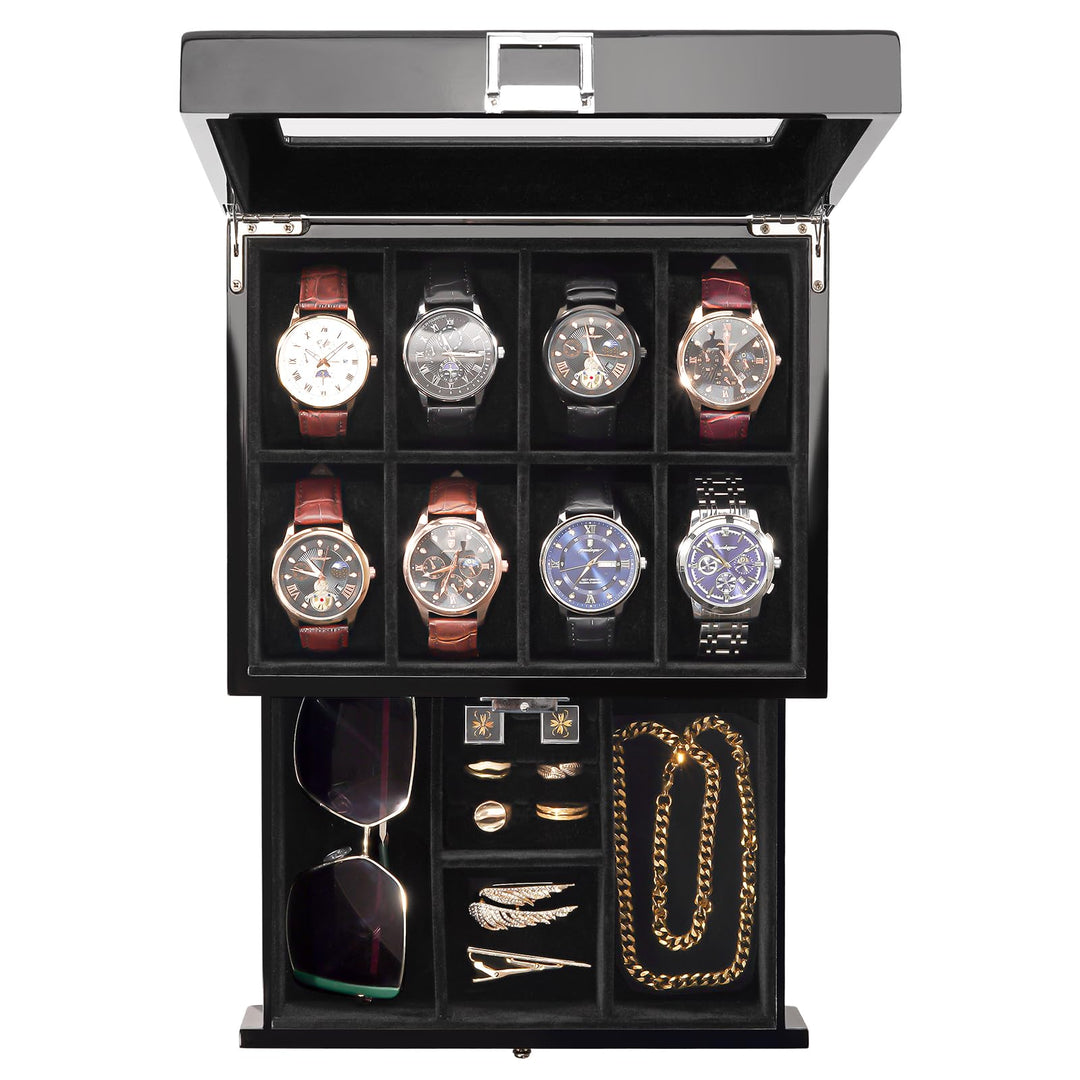 ProCase Uhrenbox mit 8 Fächern, Uhrenkasten Uhrenkoffer mit Glasdeckel Uhrenkissen, Uhrenschatulle f