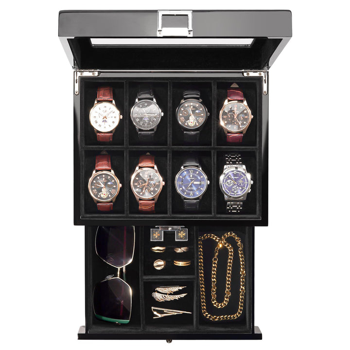 ProCase Uhrenbox mit 8 Fächern, Uhrenkasten Uhrenkoffer mit Glasdeckel Uhrenkissen, Uhrenschatulle f