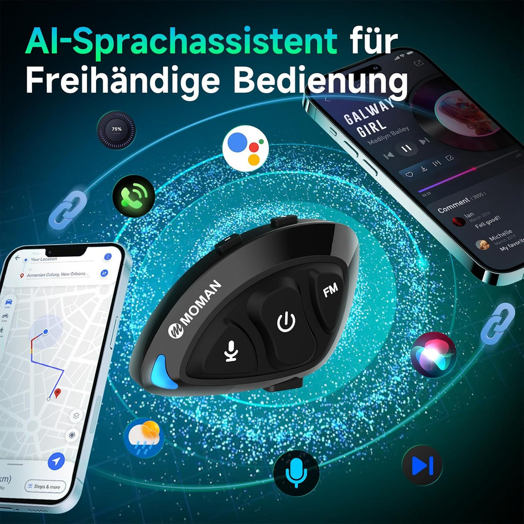 Moman Bluetooth Kommunikationssystem für Motorradhelme, Mono-Headset mit Hi-Fi Lautsprechern &amp; Geräu