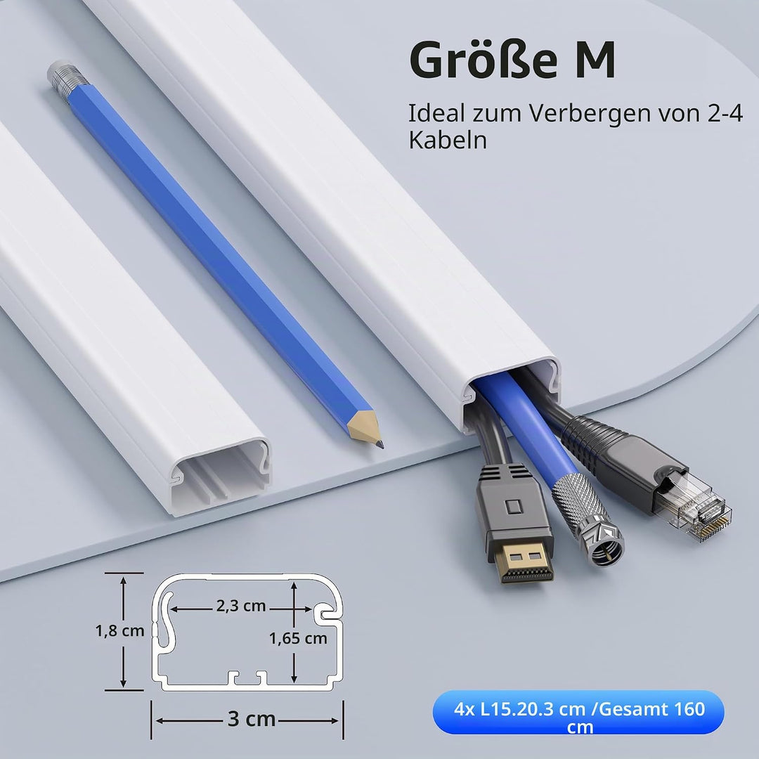 Kabelkanal weiss 160 cm (4x40 cm Set) – Selbstklebend mit Snap &amp; Lock Verschluss – Grosser Kabelscha
