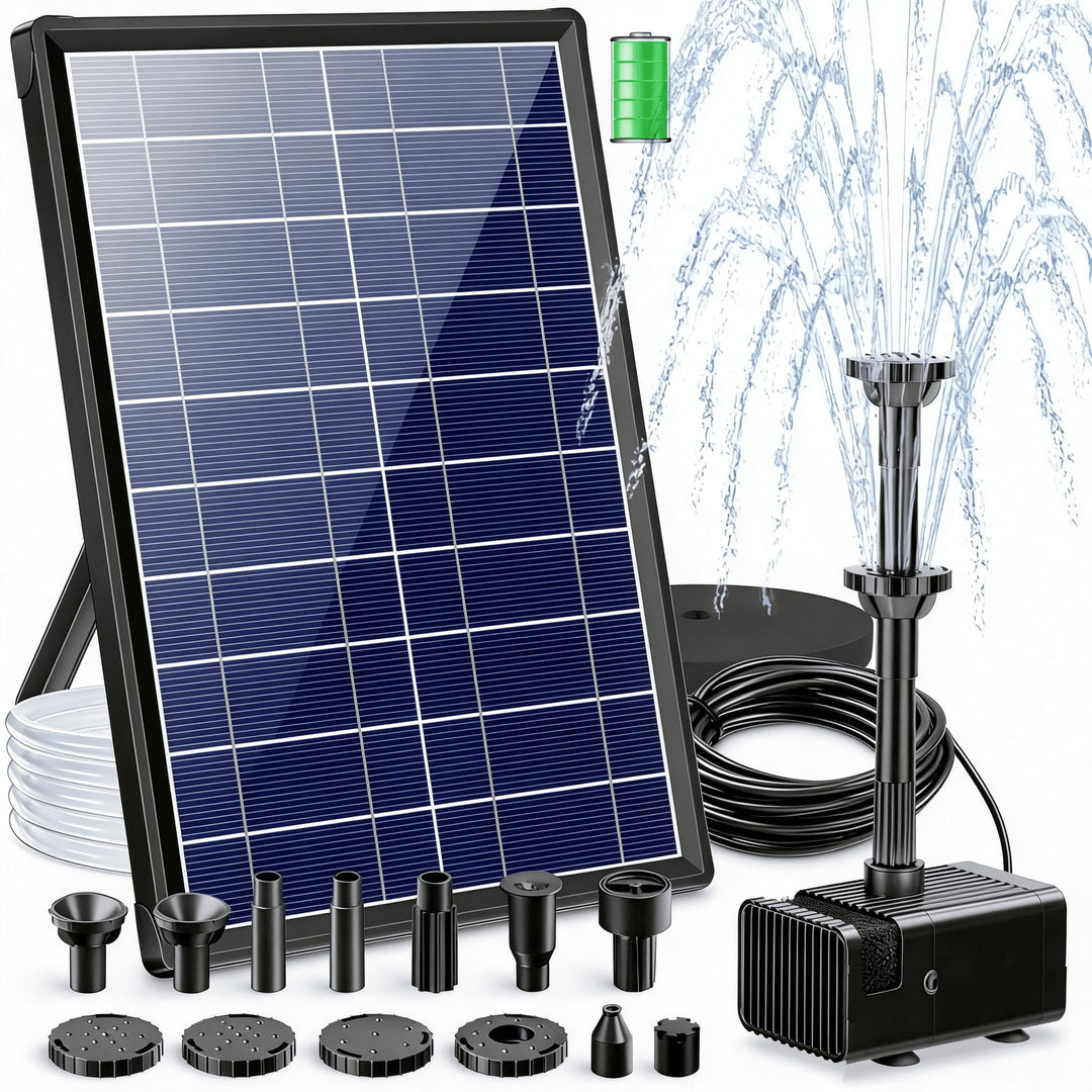 Biling Solar-Springbrunnen mit 7W Solar-Panel, eingebauter 1500 mAh Batterie, Solar-Teichpumpe, Sola