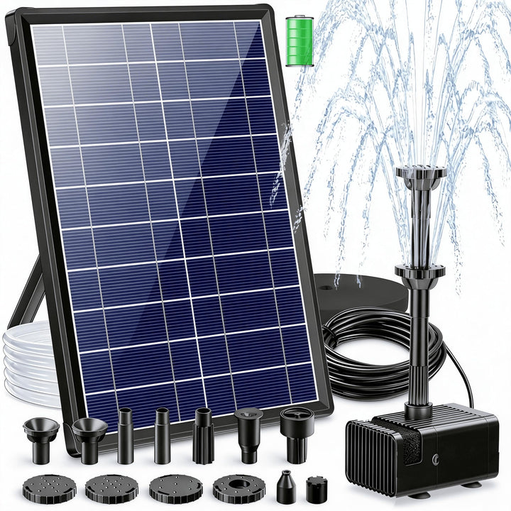 Biling Solar-Springbrunnen mit 7W Solar-Panel, eingebauter 1500 mAh Batterie, Solar-Teichpumpe, Sola