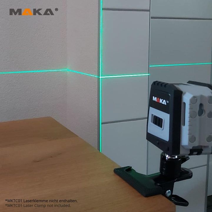MAKA Grüner Kreuzlinienlaser - USB-C aufladbar - 0,3 mm/m - 4° Selbstnivellierend Linienlaser - IP54