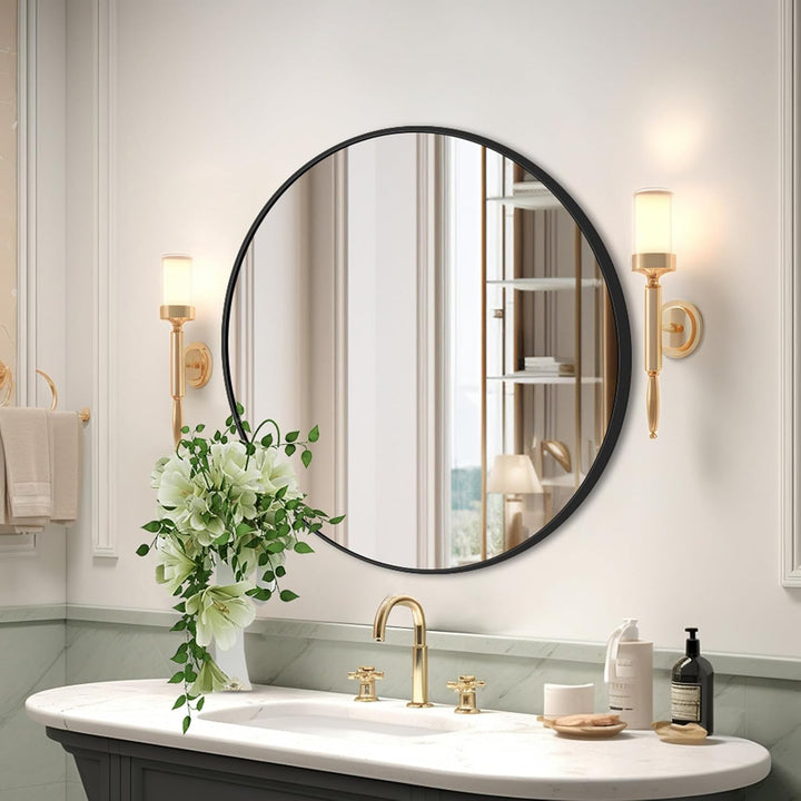 40 cm grosser runder Wandspiegel, schwarzer Metallrahmen, HD-Glas, für Badezimmer, Wohnzimmer, Schla