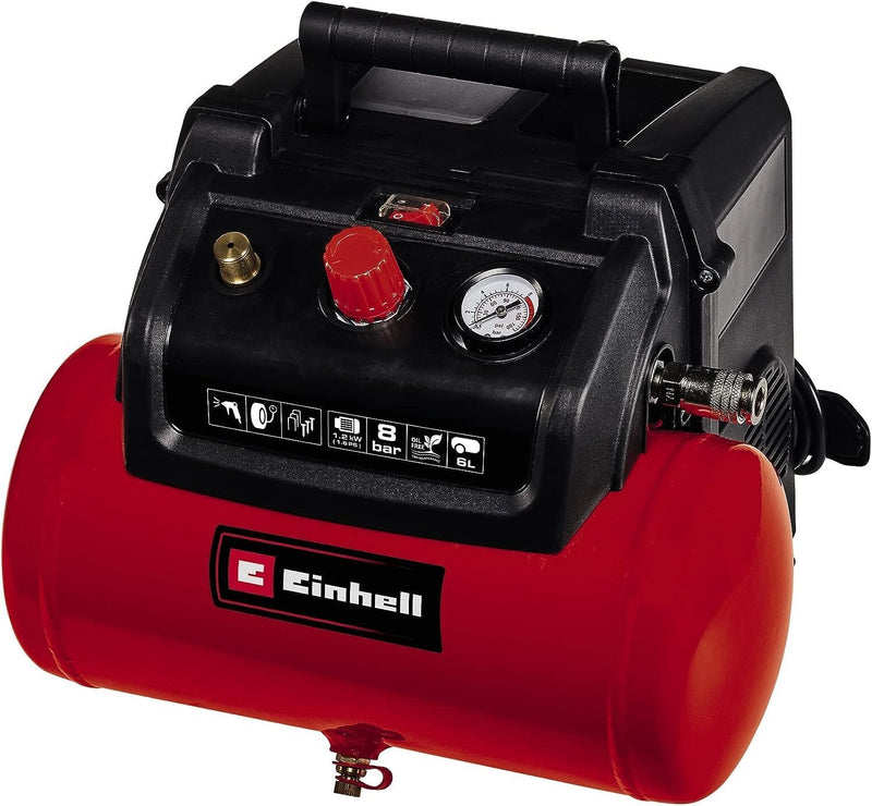 Einhell Kompressor TC-AC 190/6/8 (1,2 kW, max. 8 bar, 190 L/min Ansaugleistung, 6 Liter Tank, ölfrei