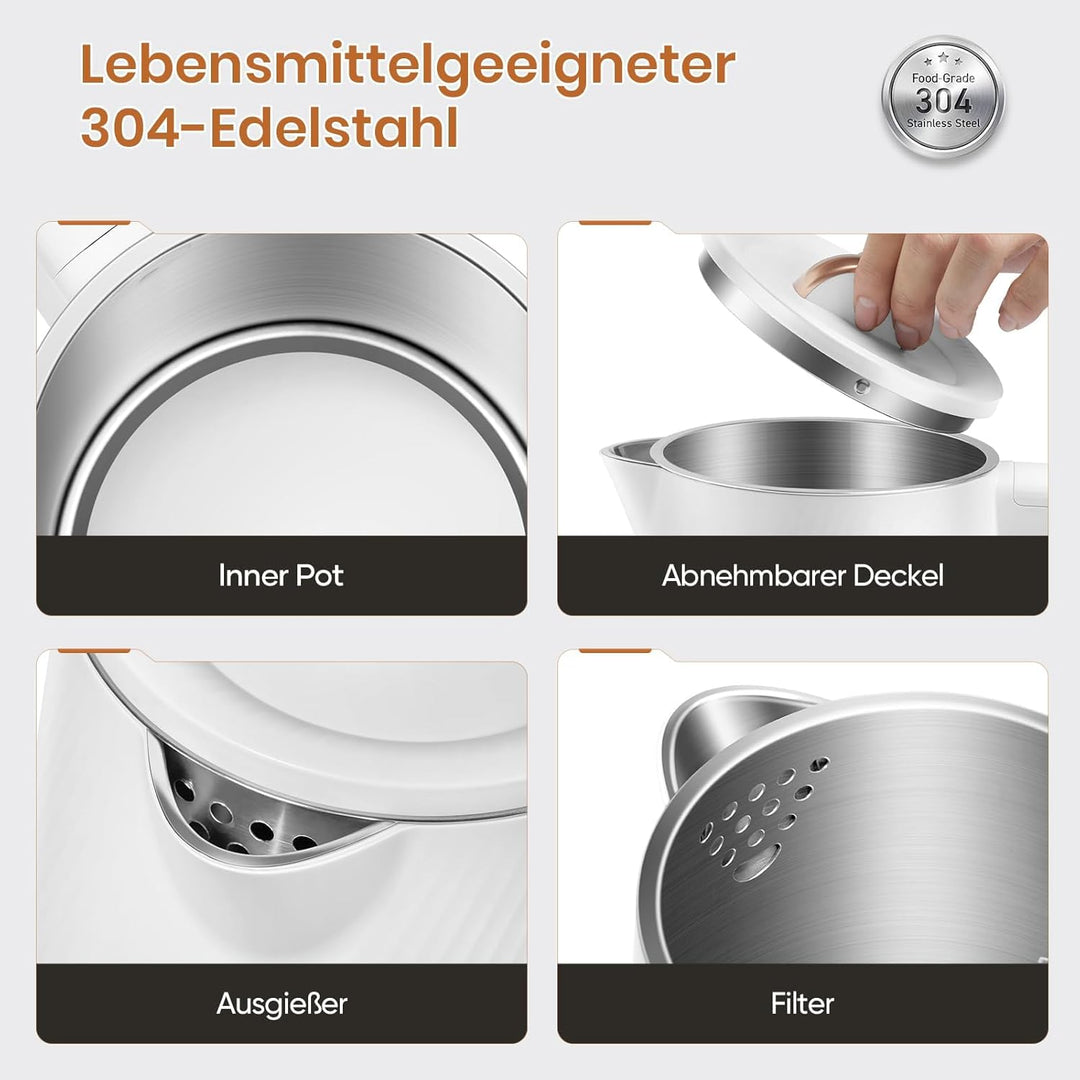 OLEGA Wasserkocher: 1800W Schnellaufheizender Elektrischer Teekessel BPA-freier 304 Edelstahl Elektr