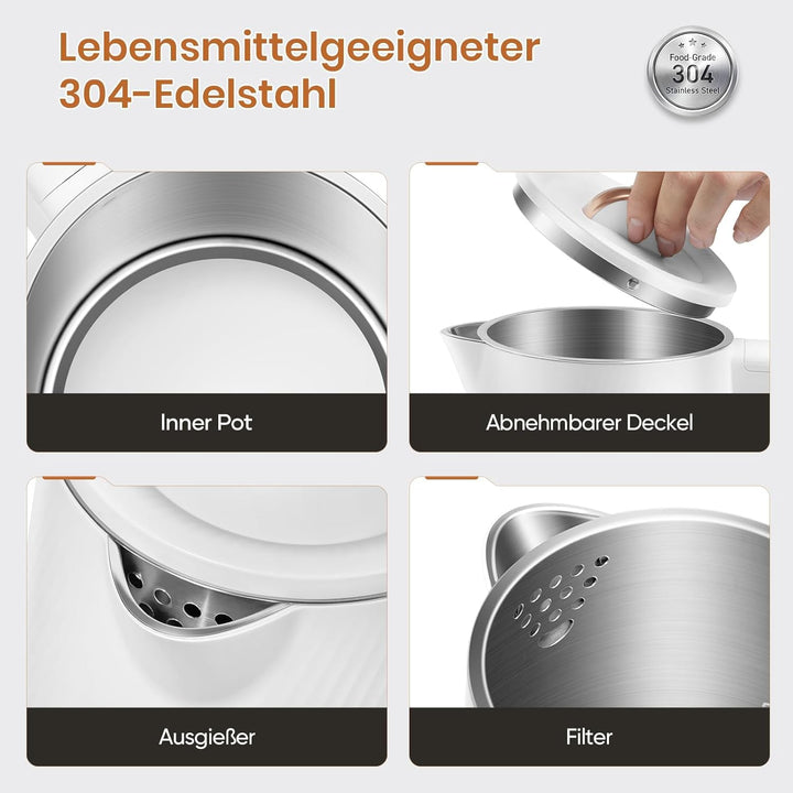 OLEGA Wasserkocher: 1800W Schnellaufheizender Elektrischer Teekessel BPA-freier 304 Edelstahl Elektr