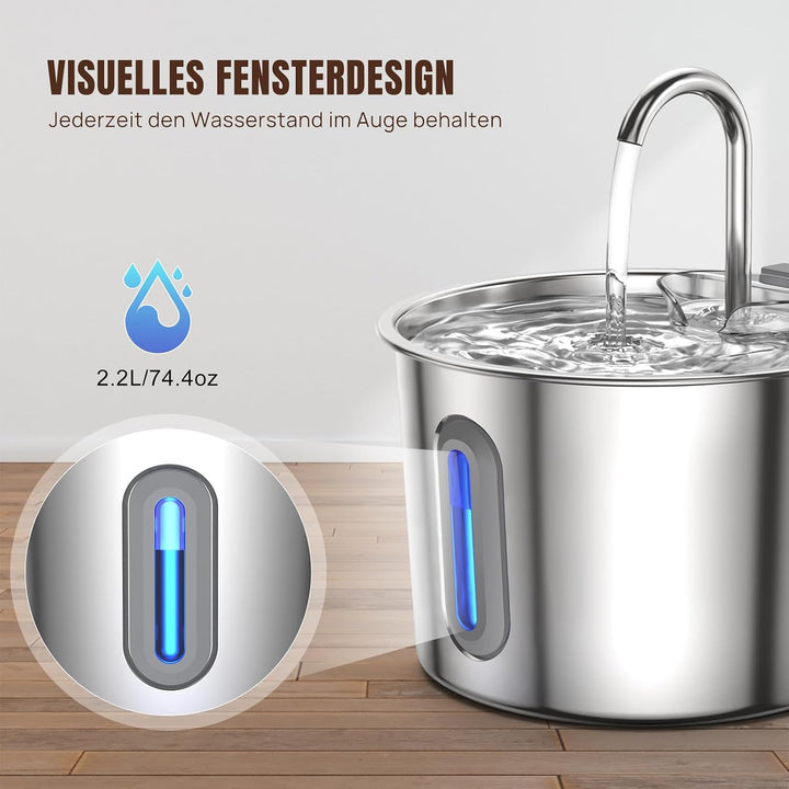 2.2L Edelstahl Trinkbrunnen Katzenbrunnen für Katze und Hunde Leise Trinkbrunnen mit 3-Stufen Filter