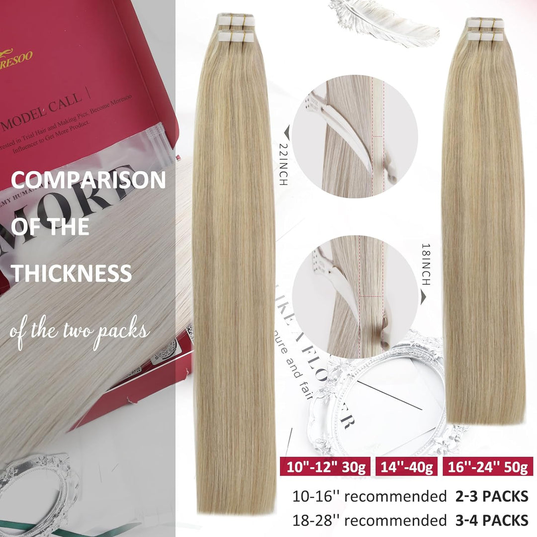 Moresoo Tape in Extensions Echthaar Blond Extensions Echthaar Tape Invisible Tape Extensions Aschblo
