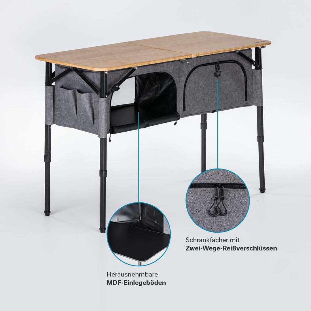 Skandika Campingtisch mit Schrank Tolja | Outdoor Bambus Klapptisch mit Stauraum, höhenverstellbar,