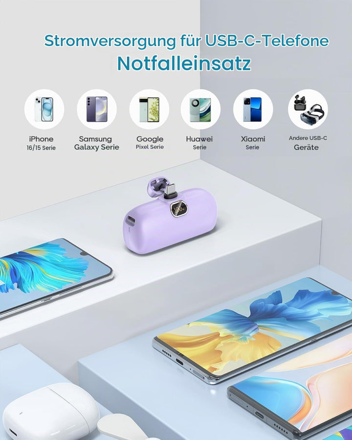 Kuulaa Mini Powerbank 5000mAh, Klein Power Bank USB C 20W PD Externer Akku, Compact LED Digitalanzei