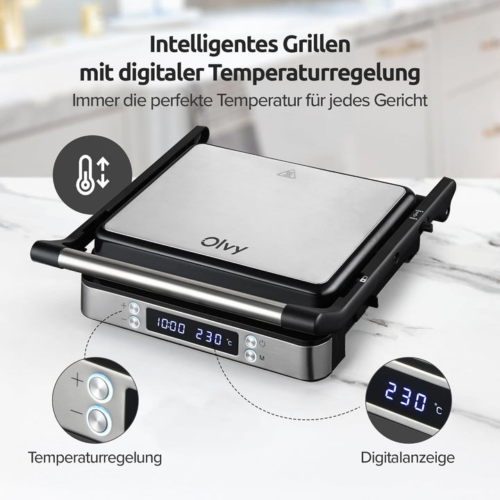 Olvy Sandwichmaker XXL, Digitaler Kontaktgrill mit Antihaftplatten, 3-in-1 Panini Maker, 180° offene