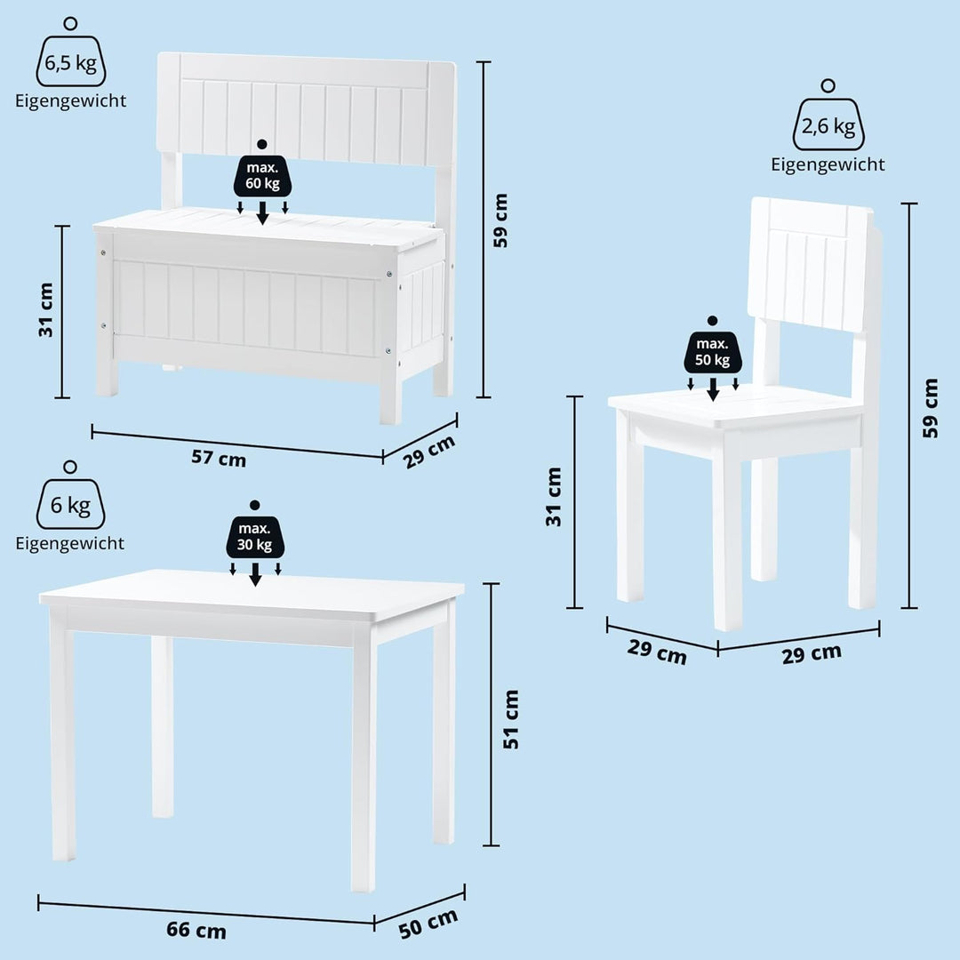KHG Kinder-Möbel Set mit Tisch, Bank & Stuhl weiss Landhaus für Kinderzimmer, Pflegeleichte Oberfläc