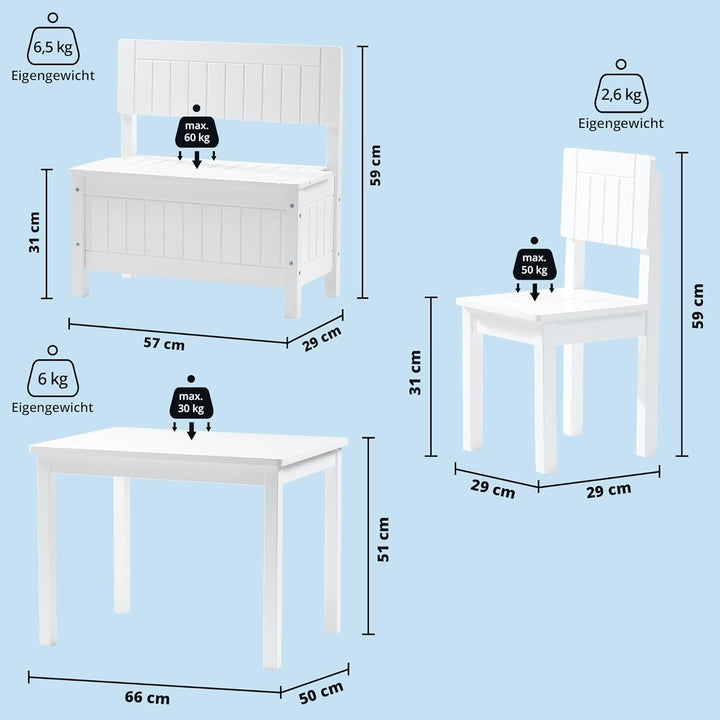 KHG Kinder-Möbel Set mit Tisch, Bank & Stuhl weiss Landhaus für Kinderzimmer, Pflegeleichte Oberfläc