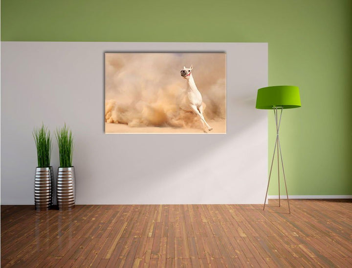 Weisses Pferd in der Wüste Format: 100x70 auf Leinwand, XXL riesige Bilder fertig gerahmt mit Keilra