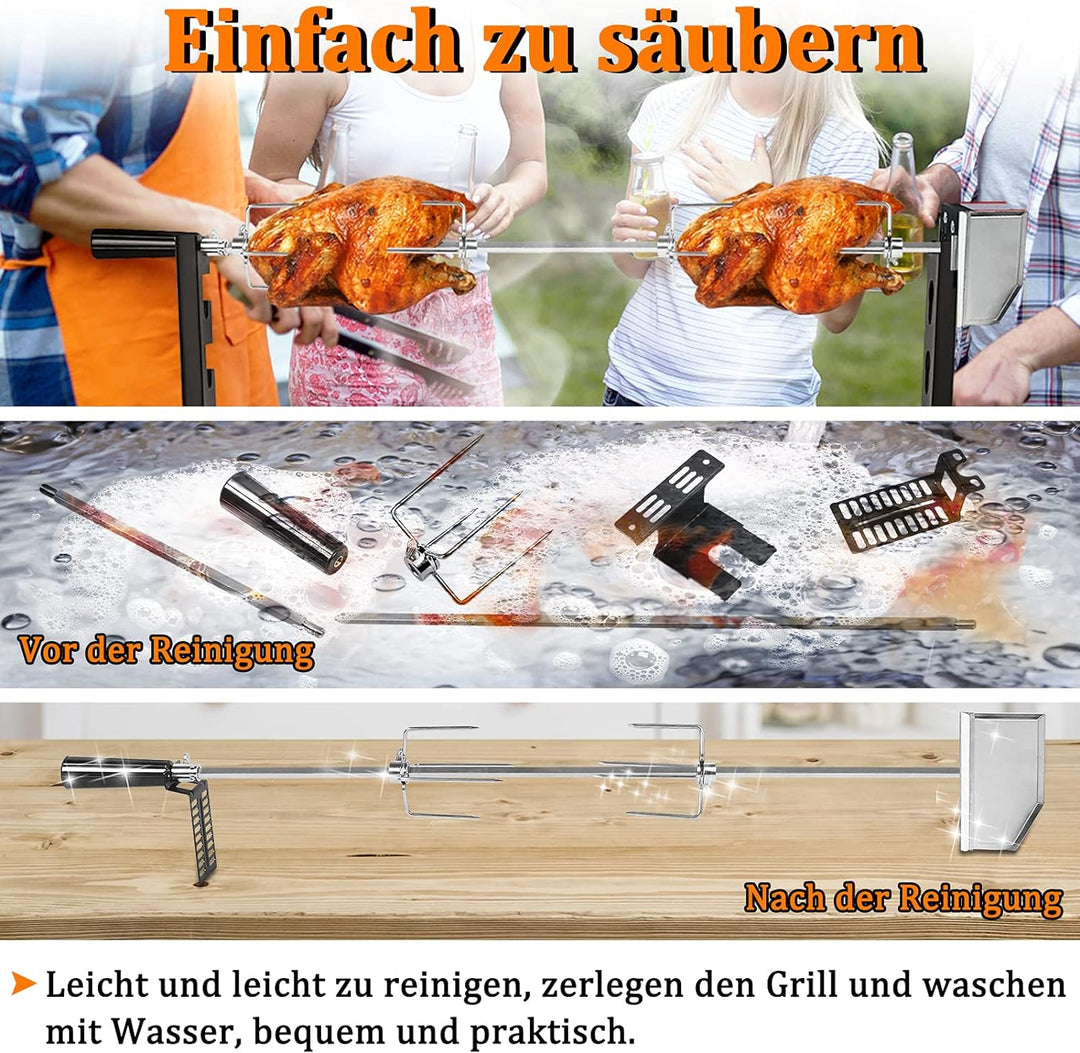 HENGMEI Edelstahl Grillspiess Set 107cm BBQ Fleischklammer mit Motor inkl. Fleischnadeln, 220V - 240
