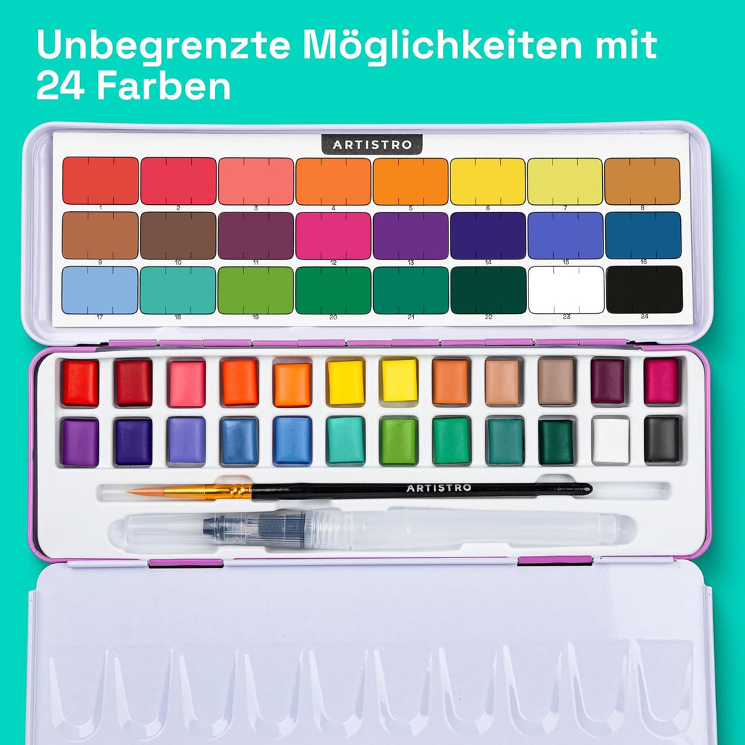 Artistro Aquarellfarben-Set 24 Farben in tragbarer Box für Kinder, Erwachsene, Künstler, Anfänger un