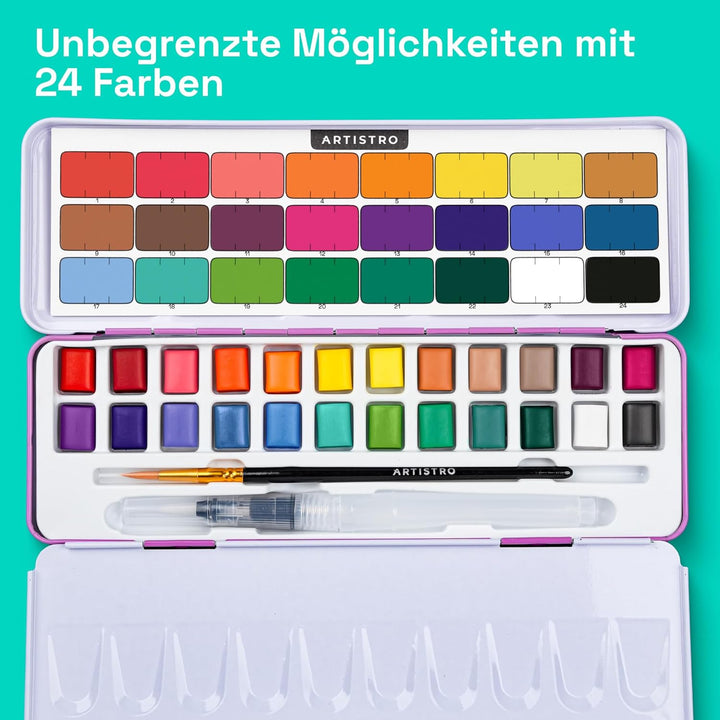 Artistro Aquarellfarben-Set 24 Farben in tragbarer Box für Kinder, Erwachsene, Künstler, Anfänger un