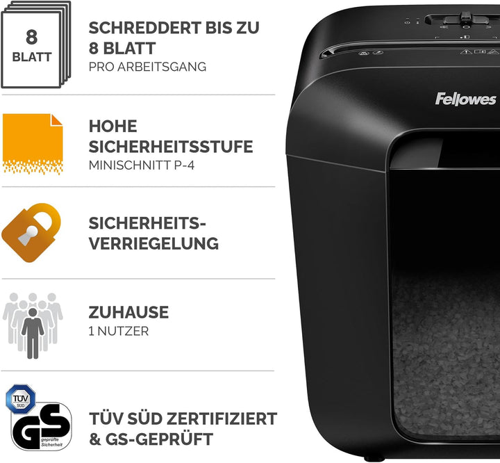 Fellowes Aktenvernichter Papiervernichter LX41-8 Blatt 4x12 mm Mini-Cut P4 - für Zuhause und das Hom