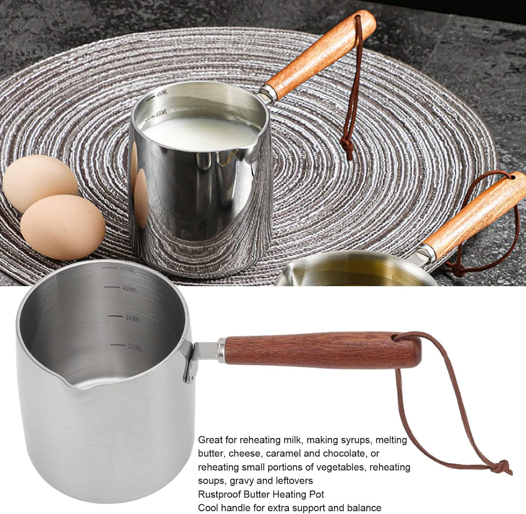 450 Ml Edelstahl-Butterwärmer, Mini-Butter, Kaffee, Milchtopf, Kleiner Topf mit Holzgriff, Zwei Ausg