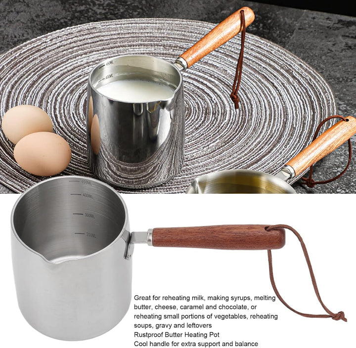 450 Ml Edelstahl-Butterwärmer, Mini-Butter, Kaffee, Milchtopf, Kleiner Topf mit Holzgriff, Zwei Ausg