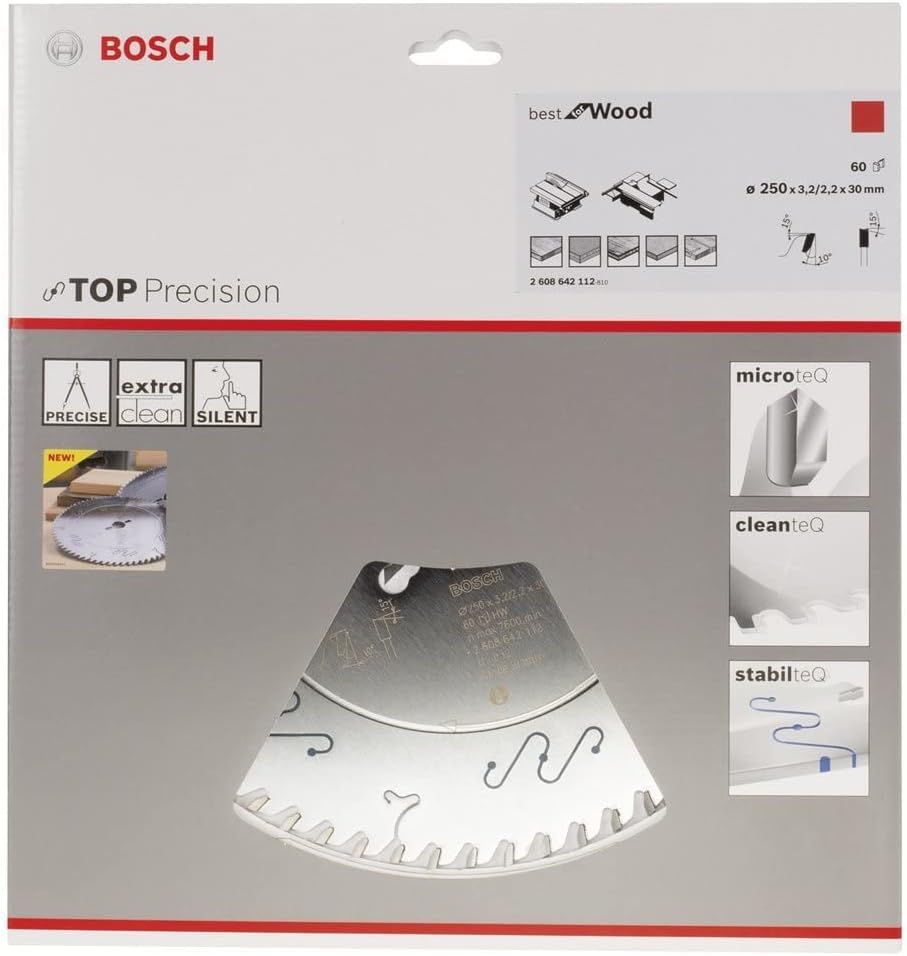 Bosch Professional Kreissägeblatt Top Precision Best für Wood, 250 x 30 x 3,2 mm, 60, 2608642112, 25