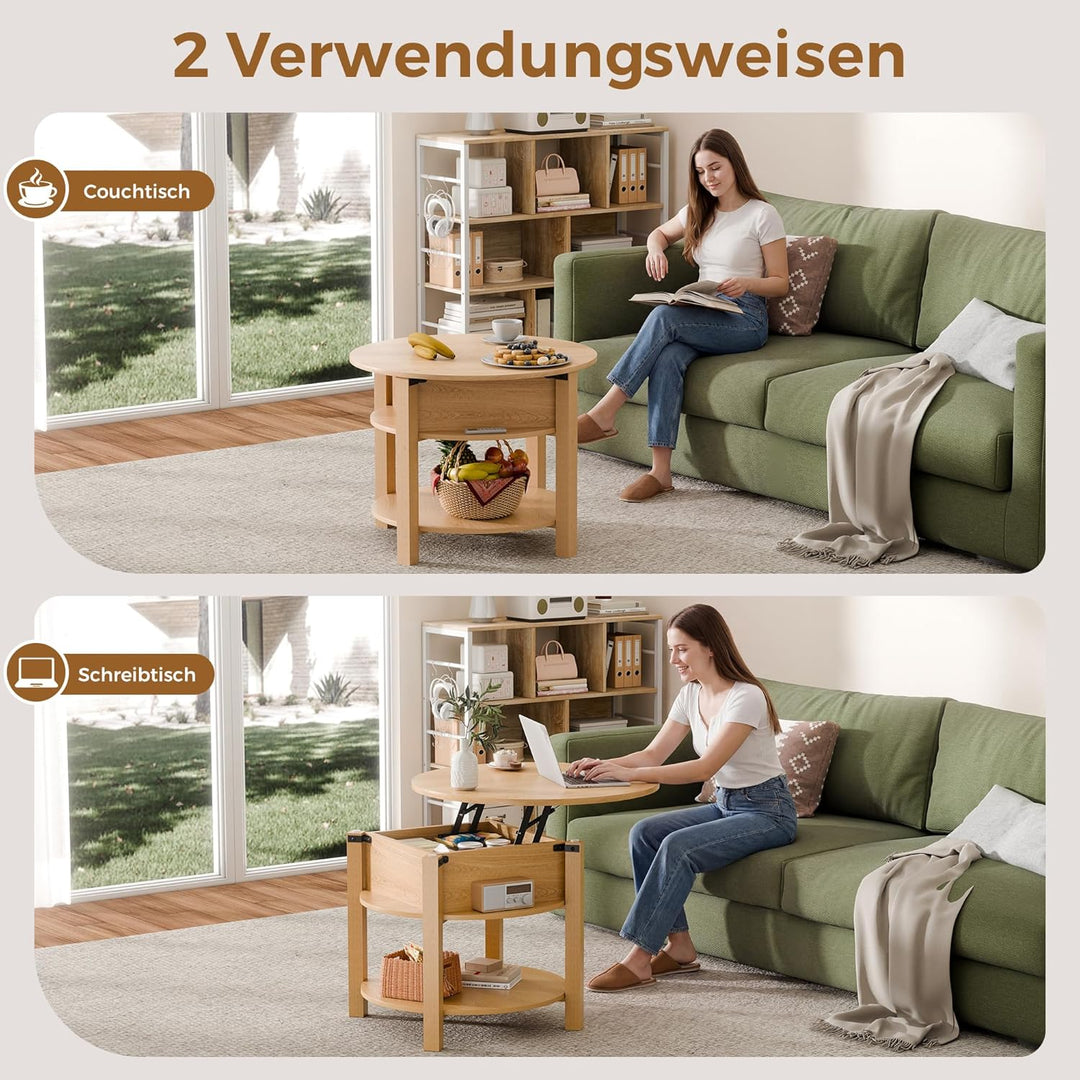 ELUCHANG Couchtisch Rund mit Hebeplatte, Couchtisch Höhenverstellbarer 2 in 1, Beistelltisch Wohnzim