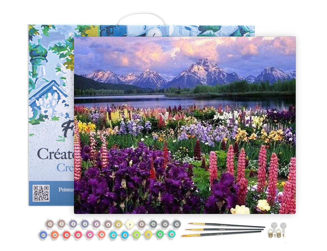 Figured'Art Malen Nach Zahlen Erwachsene Mit Rahmen Blumen und See am Fusse des Berges - Paint by Nu