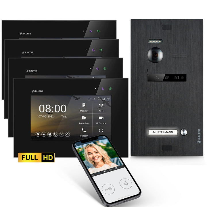 Balter EVO-HD Video Türsprechanlage, Video Türklingel, Smartphone App, 1 Familienhaus Klingel, 4X 7