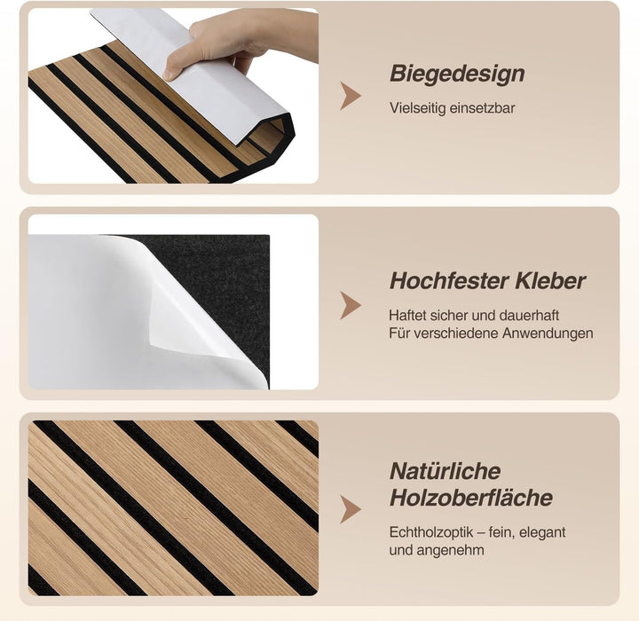 12er Set Akustikpaneele Holzoptik Wandpaneele Selbstklebende,Bohrfrei & Leicht Recyceltes Filz,Wandv