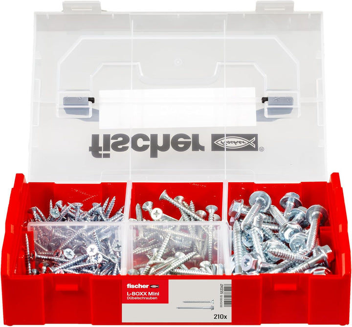 fischer FIXtainer DUOPOWER Dübelschraube, vorsortierte Sortiment-Box mit 210 Schrauben, passend zu v