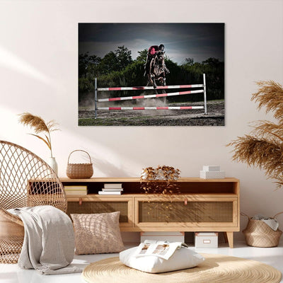 Bilder auf Leinwand 100x70cm Leinwandbild Pferd Sport Hindernisse Himmel Gross Wanddeko Bild Schlafz