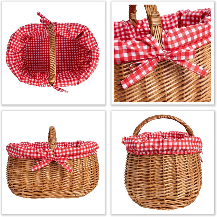 Creative Home Grosser Picknickkorb mit rot karierter Stoffeinlage | Weidenkorb mit Henkel | Einkaufs