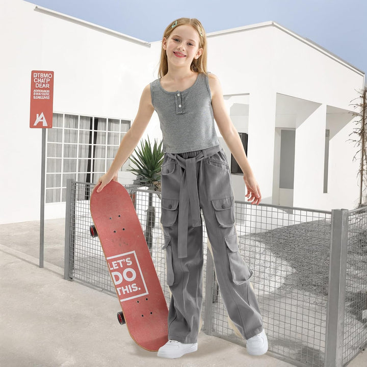 Rolanko Baggy Cargo Jeans für Mädchen, Elastische Hose mit Hoher Taille und Weitem Bein Y2K Jeanshos