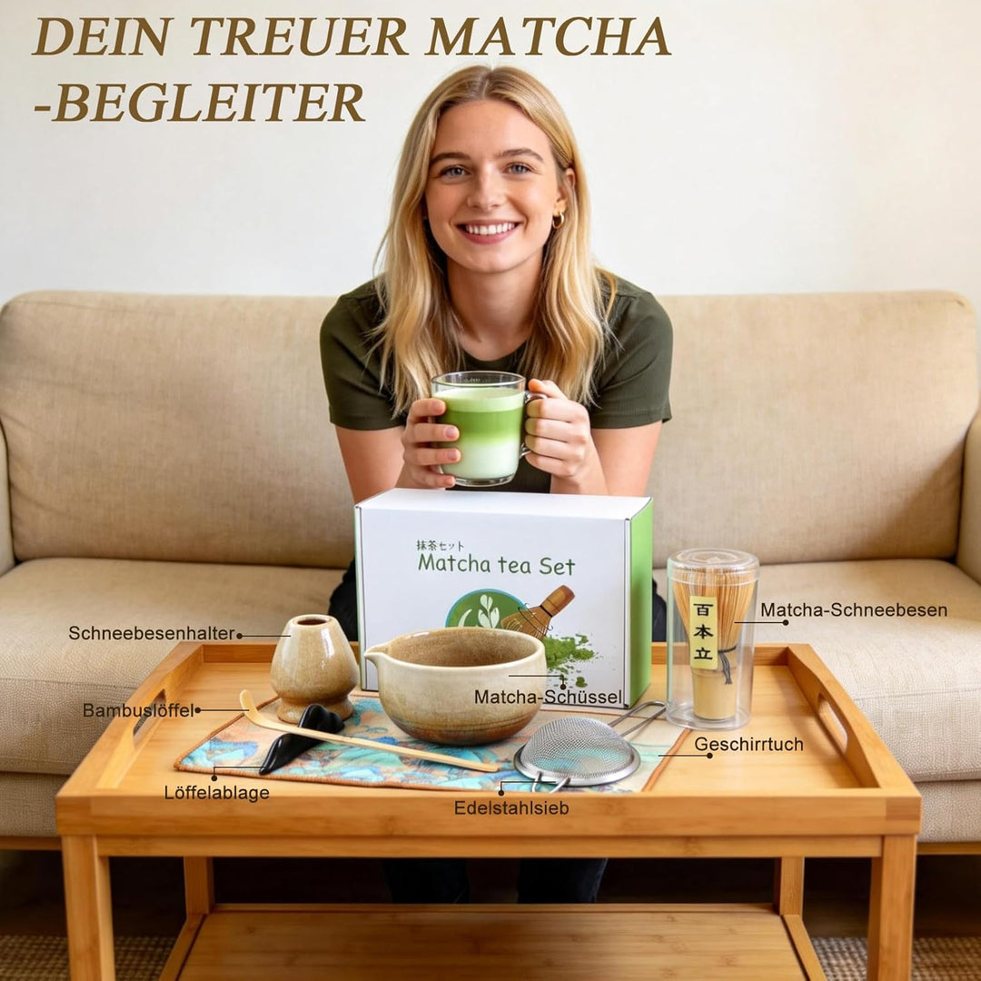 Matcha Set Handgedrehtes Macha Tea Set mit Bambus Matcha Besen, Keramik Matcha Schale, Löffel und Ha