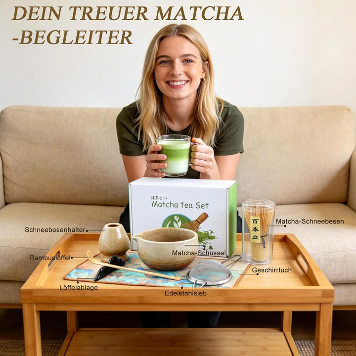 Matcha Set Handgedrehtes Macha Tea Set mit Bambus Matcha Besen, Keramik Matcha Schale, Löffel und Ha