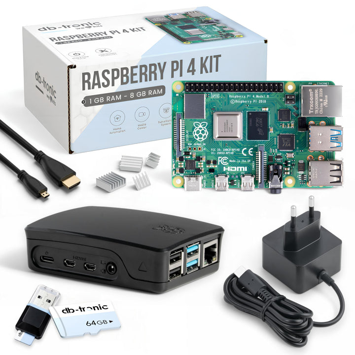 db-tronic Raspberry Pi 4 1GB Starter Set | 64GB Black Edition | Netzteil 15W | Gehäuse schwarz | Küh