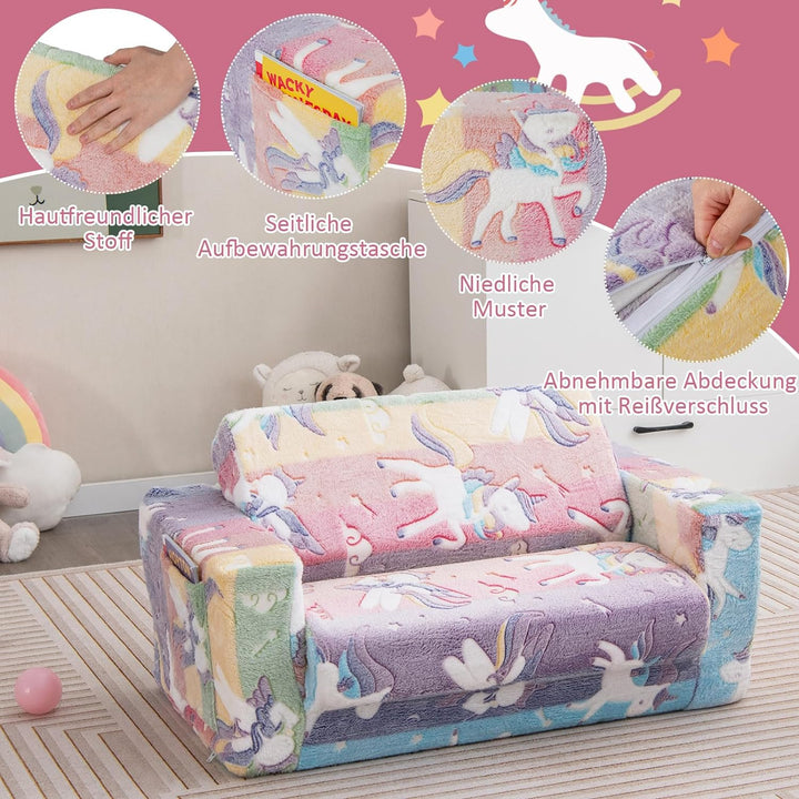 DREAMADE 2-in-1 Kindersofa ausklappbar, Kindersessel aus Flanellstoff mit leuchtenden Mustern, abneh